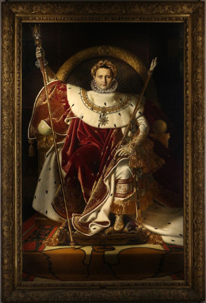 Huile sur toile de Napoléon Bonaparte, portant des attributs de l'empereur romain et de Charlemagne